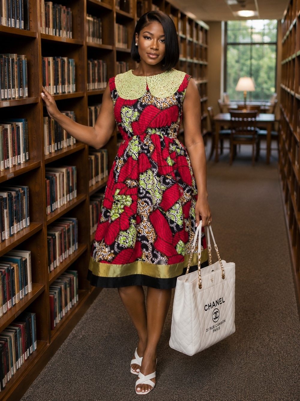 Women’s Floral Print Fit-and-Flare Dress with Contrast Collar - Red